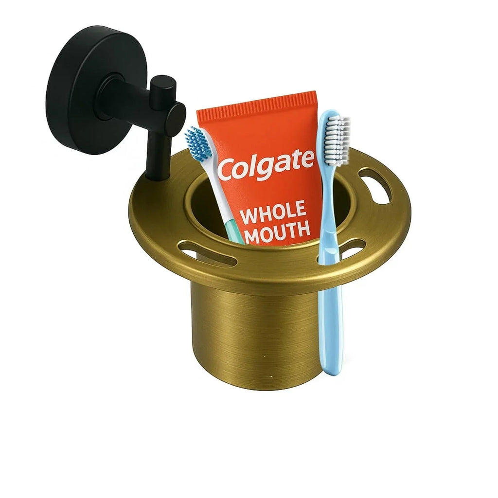 Stainless Steel Wall Mounted Brush & Tumbler Holder Black & Gold Finish
