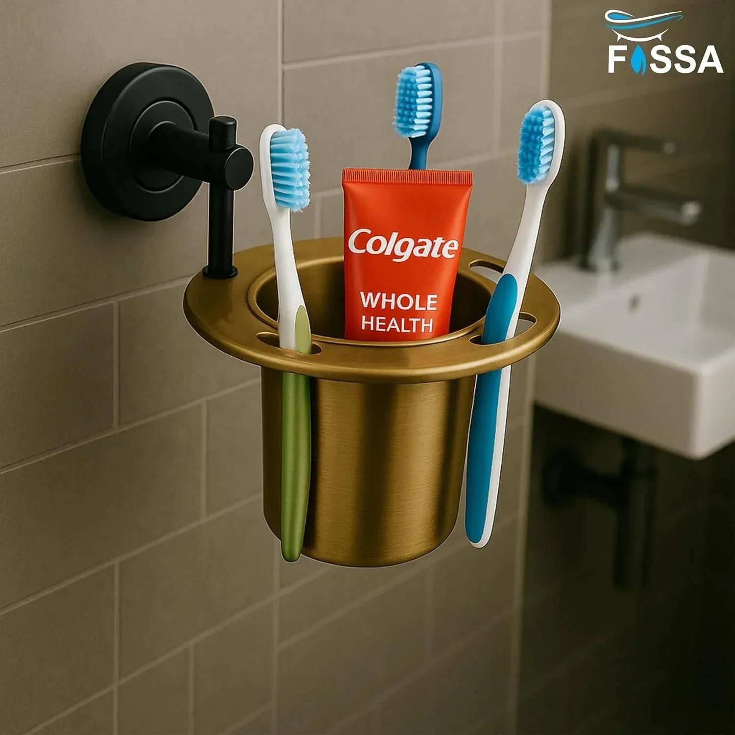 Stainless Steel Wall Mounted Brush & Tumbler Holder Black & Gold Finish