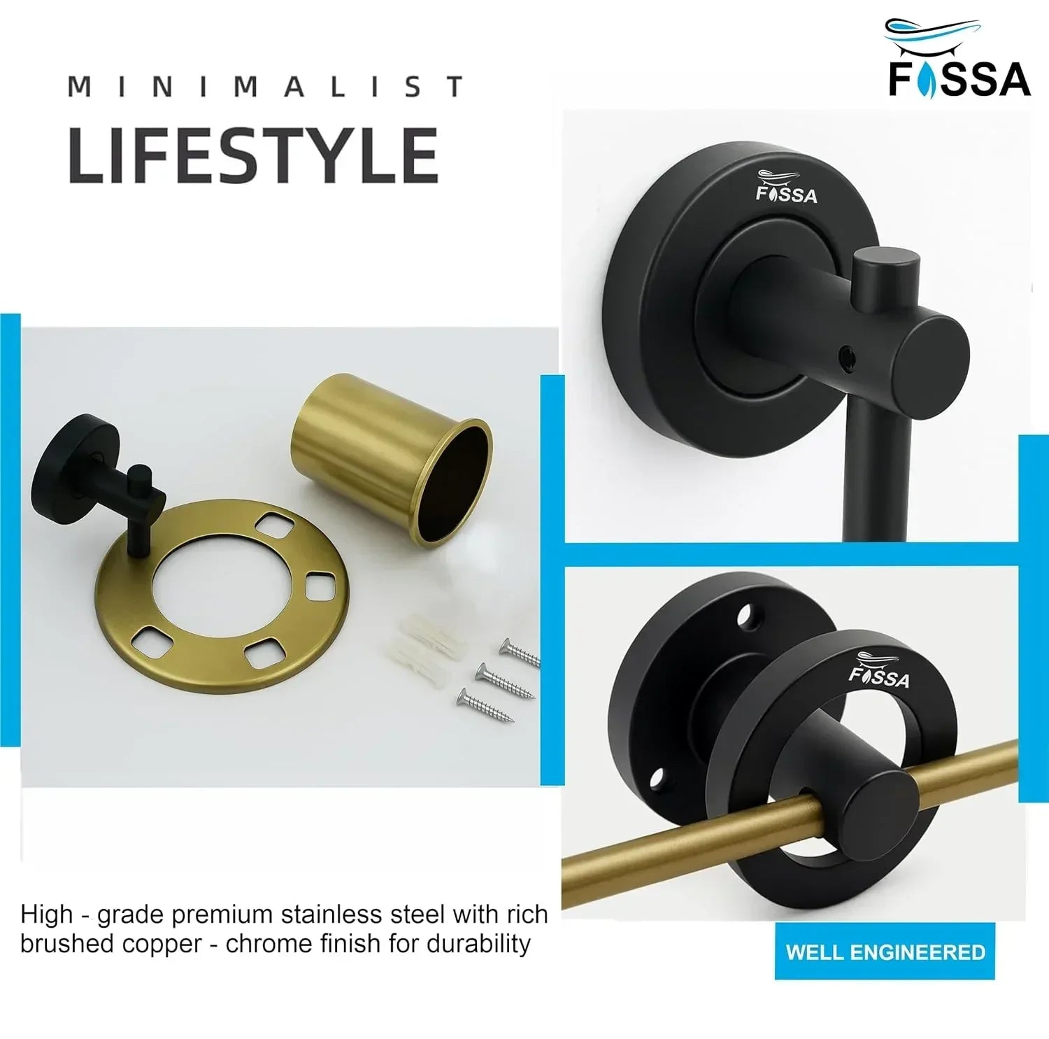 Stainless Steel Wall Mounted Brush & Tumbler Holder Black & Gold Finish